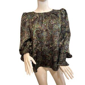Pleione Women’s Blouse M Long Puff Sleeve Paisley Floral Brown Green Blue Dressy